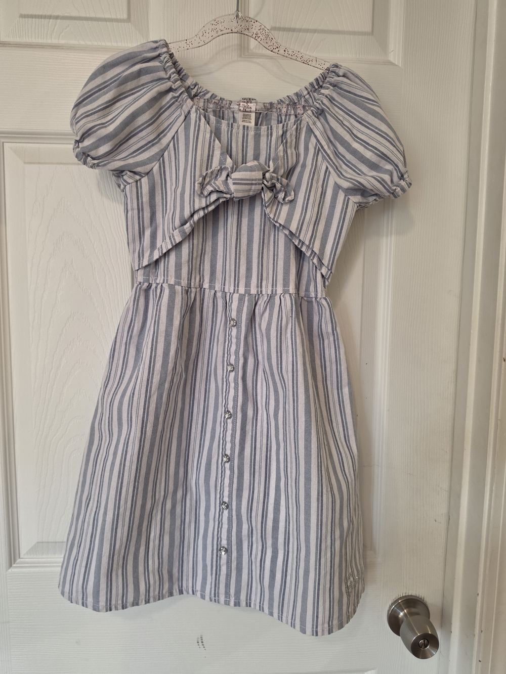 Girls Guess Blue and White Striped Tie-Front Puff Sleeve Dress Size Medium 10/12